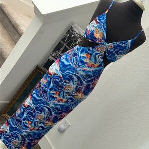 SHEIN Blue Swirl Cutout Maxi Dress with Multicolor Accents